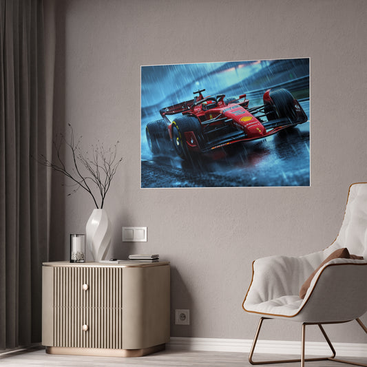 Ferrari Pushing Through the Rain - Glossy Poster